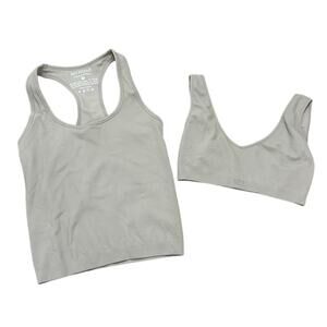 SET Active Gray Ribbed Seamless Sport Tank & Bra Matching Set Small Athleisure